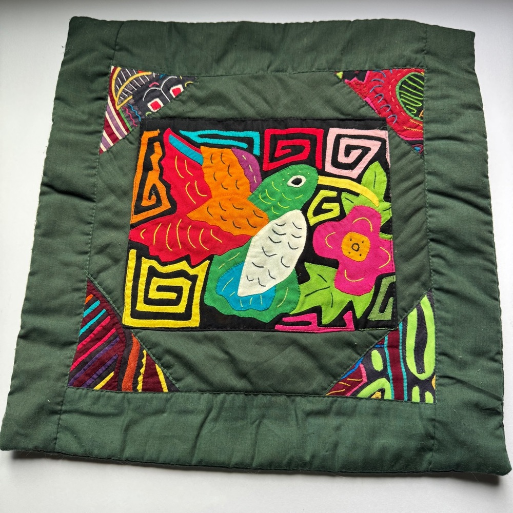 vintage Kola Mona bird handsewn patchwork needle point pillowcase cover tropical